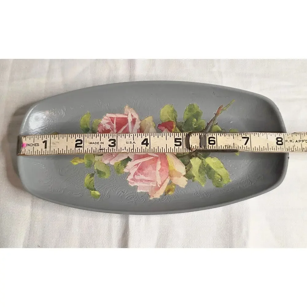 Hand Decorated Painted Silverplate Tray Applied Floral Transfer Gray Pink 8